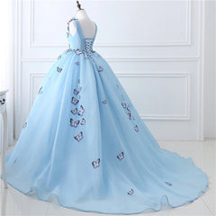 Bridesmaid Dresses, Blue Butterfly Flowers Lace Up Ball Gowns Long Prom Dresses
