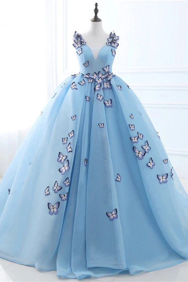 Bridesmaids Dress Convertible, Blue Butterfly Flowers Lace Up Ball Gowns Long Prom Dresses