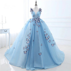 Bridesmaid Dresses Emerald Green, Blue Butterfly Flowers Lace Up Ball Gowns Long Prom Dresses