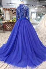 Bridesmaids Dresses Long Sleeves, Blue Long Sleeves V Neck Tulle Prom Dresses with Beading