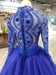Bridesmaids Dresses Long Sleeve, Blue Long Sleeves V Neck Tulle Prom Dresses with Beading