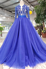 Bridesmaid Dresses Long Sleeves, Blue Long Sleeves V Neck Tulle Prom Dresses with Beading
