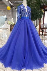 Bridesmaid Dresses Long Sleeve, Blue Long Sleeves V Neck Tulle Prom Dresses with Beading