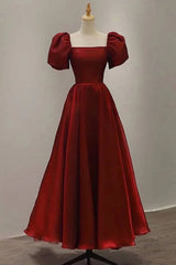 Party Dress Couple, Burgundy A Line Long Prom Dress with Short Sleeves, New Party Gown