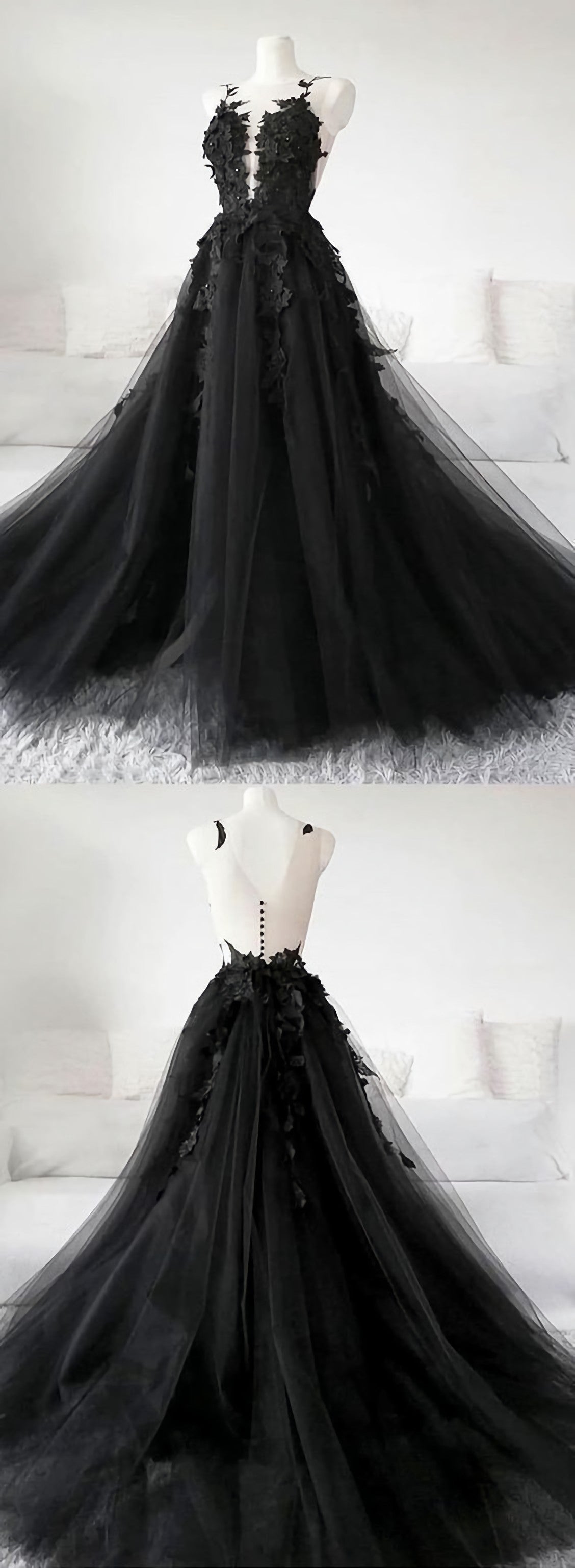 Formal Dress Boutiques Near Me, Chic Pretty Black Tulle Applique Long Prom Dress, Black Evening Dress, C0730