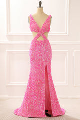 Bridesmaid Dress Idea, Hot Pink Mermaid Sparkly Prom Dress with Slit