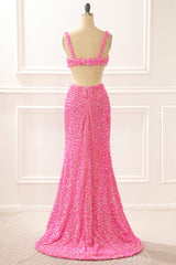 Bridesmaids Dresses Ideas, Hot Pink Mermaid Sparkly Prom Dress with Slit