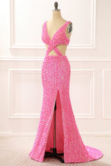 Bridesmaids Dresses Idea, Hot Pink Mermaid Sparkly Prom Dress with Slit