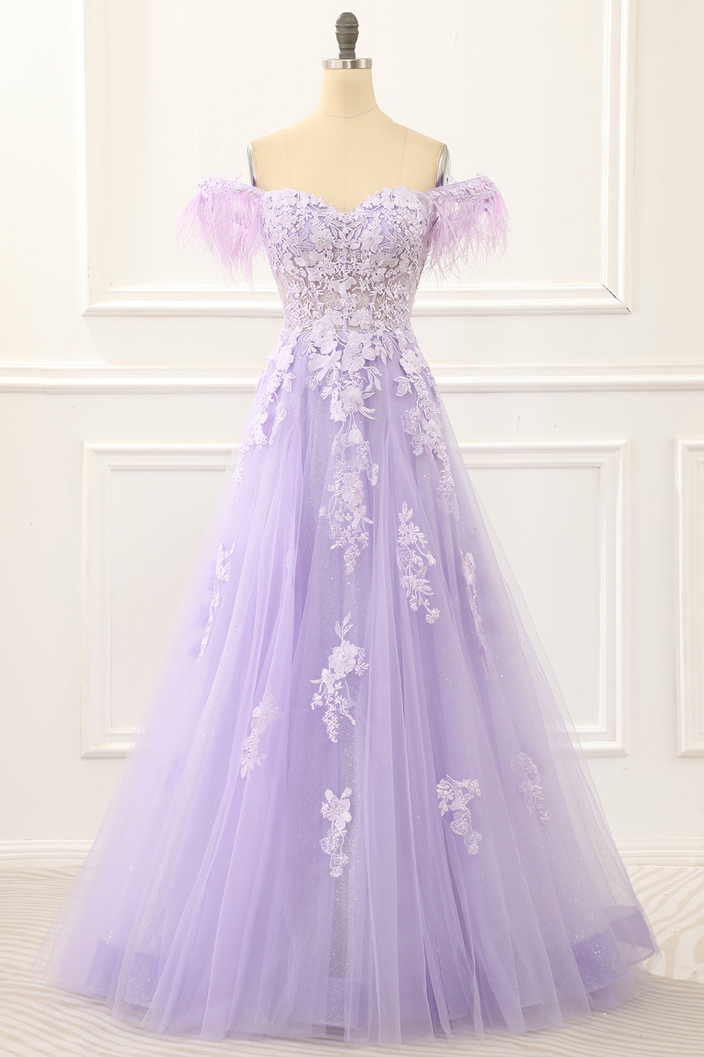 Bridesmaids Dress Purple, Lavender Off Shoulder Appliques Prom Dress with Feathers