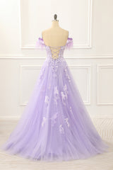 Wedding Color, Lavender Off Shoulder Appliques Prom Dress with Feathers