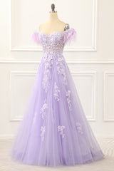 Winter Formal Dress, Lavender Off Shoulder Appliques Prom Dress with Feathers
