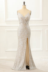 Yellow Prom Dress, Champagne Mermaid Sequin Prom Dress with Slit