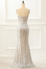 Vintage Prom Dress, Champagne Mermaid Sequin Prom Dress with Slit