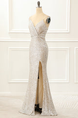 Prom Theme, Champagne Mermaid Sequin Prom Dress with Slit