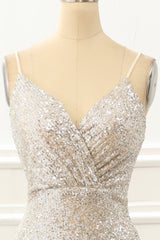 Pretty Dress, Champagne Mermaid Sequin Prom Dress with Slit