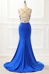 Prom Dresses Black Girl, Mermaid Royal Blue Satin Glitter Prom Dress with Beading