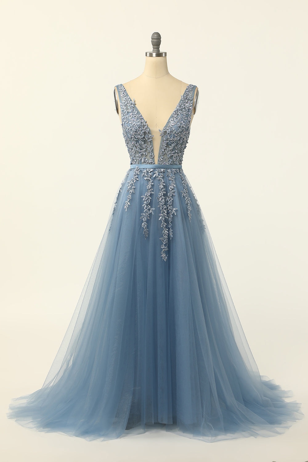 Ball Dress, Blue Tulle Prom Dress with Appliques