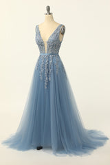 Mismatched Bridesmaid Dress, Blue Tulle Prom Dress with Appliques