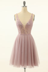 Prom Dresses, Blush Tulle & Sequins Cute Homecoming Dress