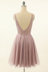 Wedding Dress, Blush Tulle & Sequins Cute Homecoming Dress