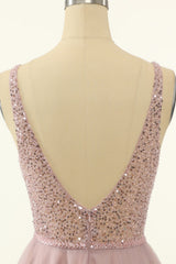 Prom Dresses Burgundy, Blush Tulle & Sequins Cute Homecoming Dress