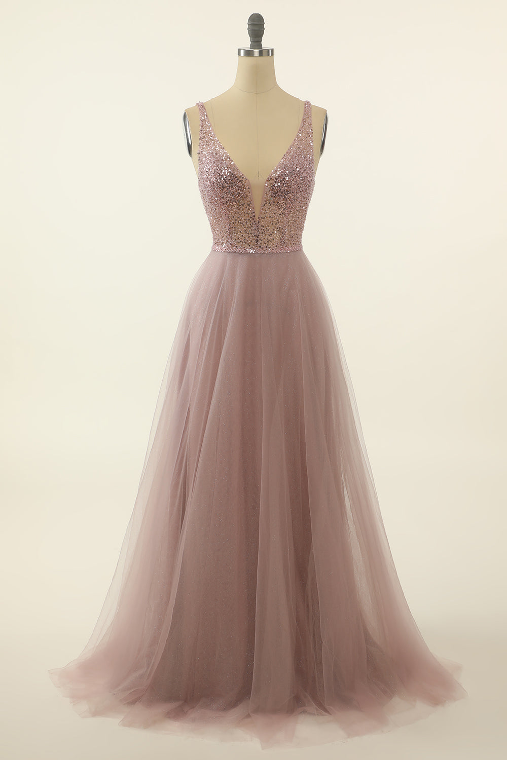Prom Dress Ballgown, Blush Tulle & Sequins Prom Dress