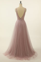 Prom Dresses For Brunettes, Blush Tulle & Sequins Prom Dress
