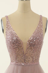Prom Dress Fitted, Blush Tulle & Sequins Prom Dress