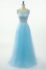 Prom Dress Blue, Blue Beading Tulle Prom Dress
