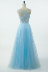Prom Dresses Blues, Blue Beading Tulle Prom Dress