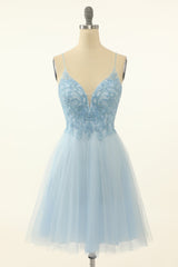 Prom Dresses Black Girls, Blue A-line Cute Homecoming Dress with Appliques