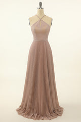 Prom Dresses Long Formal Evening Gown, Blush Halter Sparkly Prom Dress with Ruffles