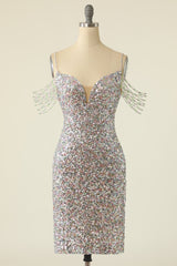 Homecoming Dress 2038, Silver Sequined Cocktail Dress With Fringes