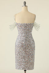 Homecoming Dresses Formal, Silver Sequined Cocktail Dress With Fringes