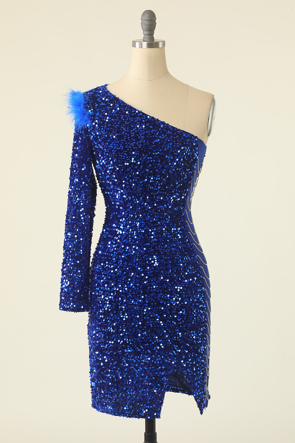 Homecoming Dress Classy Elegant, Royal Blue One Shoulder Sequined Cocktail Dress With Feathers