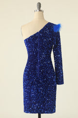Homecoming Dresses Aesthetic, Royal Blue One Shoulder Sequined Cocktail Dress With Feathers
