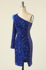 Homecoming Dress Shop, Royal Blue One Shoulder Sequined Cocktail Dress With Feathers