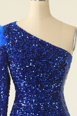 Homecoming Dresses Shop, Royal Blue One Shoulder Sequined Cocktail Dress With Feathers