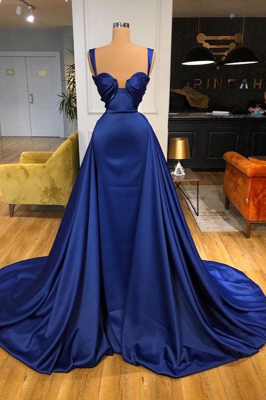 Party Dress Website, Chic Royal Blue Straps Sweetheart Prom Dress Overskirt With Detachable Train