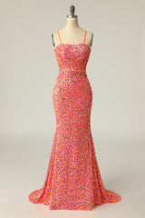 Prom Dresses For Sale, Coral Sequin Mermaid Long Prom Dress