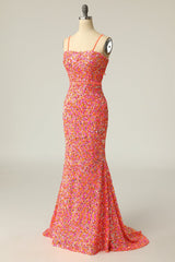 Prom Dresses Tight, Coral Sequin Mermaid Long Prom Dress