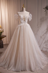 Wedding Dresses Open Back, Charming Ivory A-Line Ball Gown Tulle Long Wedding Dresses