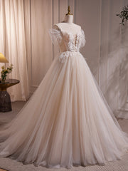 Wedding Dress Open Back, Charming Ivory A-Line Ball Gown Tulle Long Wedding Dresses