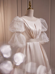 Bridesmaid Dresses Custom, Chic Bubble Sleeves Round Neck Prom Dresses