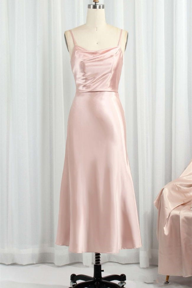 Midi Dress, Classic Pink Spaghetti Straps Midi Party Dresss