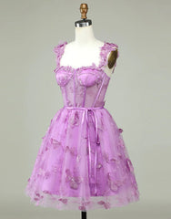 Formal Dress For Winter, Cute Purple A-Line Lace Up Tulle Homecoming Dress With Appliques