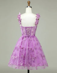 Formal Dresses For Winter, Cute Purple A-Line Lace Up Tulle Homecoming Dress With Appliques