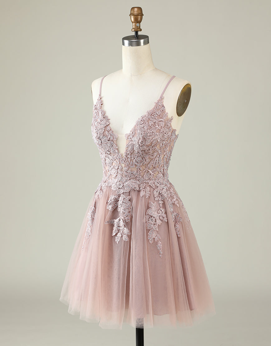 Formals Dresses Short, Cute Spaghetti Straps Corset Back Blush Tulle Dress With Appliques
