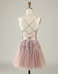 Formall Dresses Short, Cute Spaghetti Straps Corset Back Blush Tulle Dress With Appliques