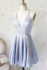 Formal Dresses Winter, Cute Light Blue V Neck Satin Short Light Blue Homecoming Dresses